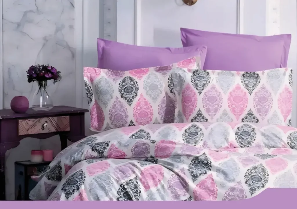 Pamučna posteljina 92 - elegantna posteljina sa ornamentima, ljubičasta, siva, bela, crna, 100% pamuk, udobna i kvalitetna, Elegant posteljina